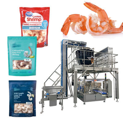 Automatyczna maszyna do pakowania w gotowe torebki typu Doypack, do pakowania mrożonych krewetek, pałek z kurczaka, nuggetów z kurczaka